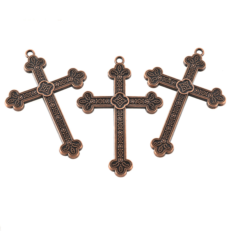 2 Large Antique Copper Ornate Cross Pendants, 3", chs3364