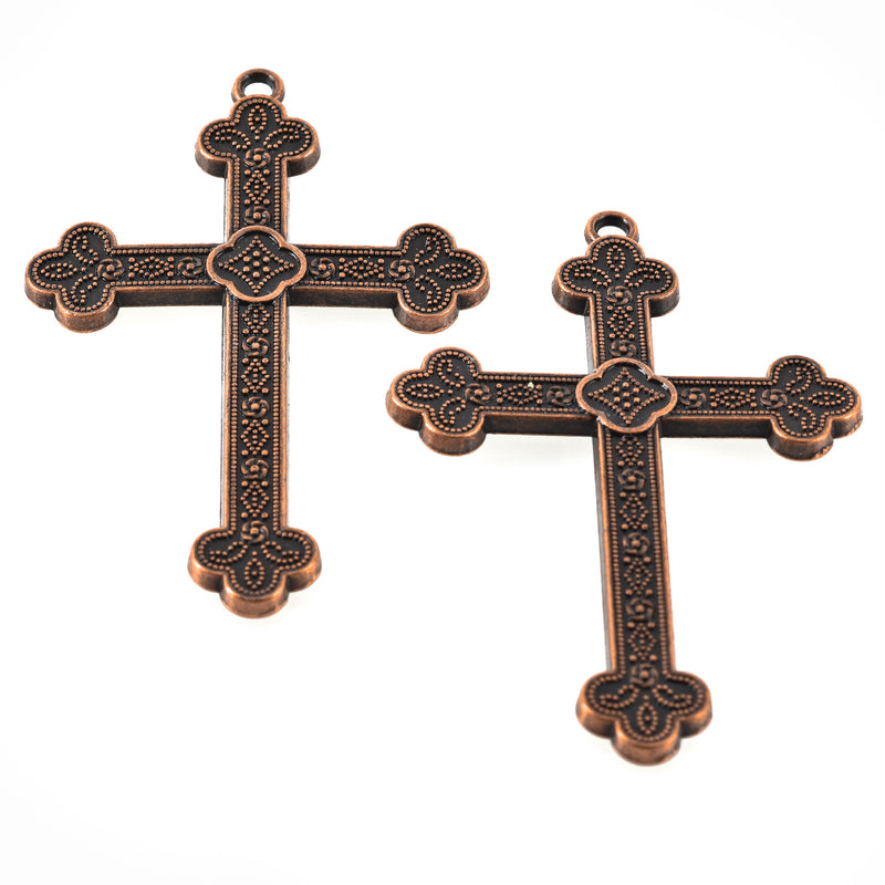 2 Large Antique Copper Ornate Cross Pendants, 3", chs3364