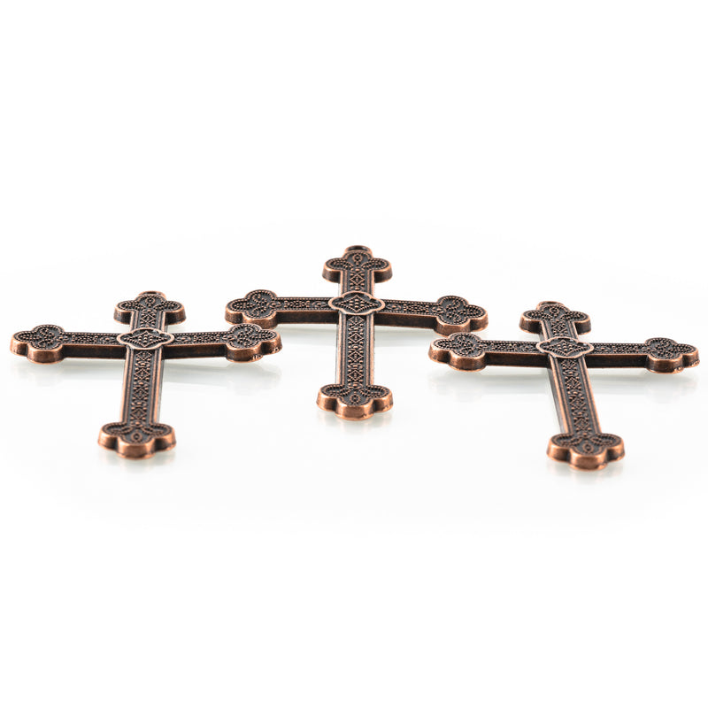 2 Large Antique Copper Ornate Cross Pendants, 3", chs3364