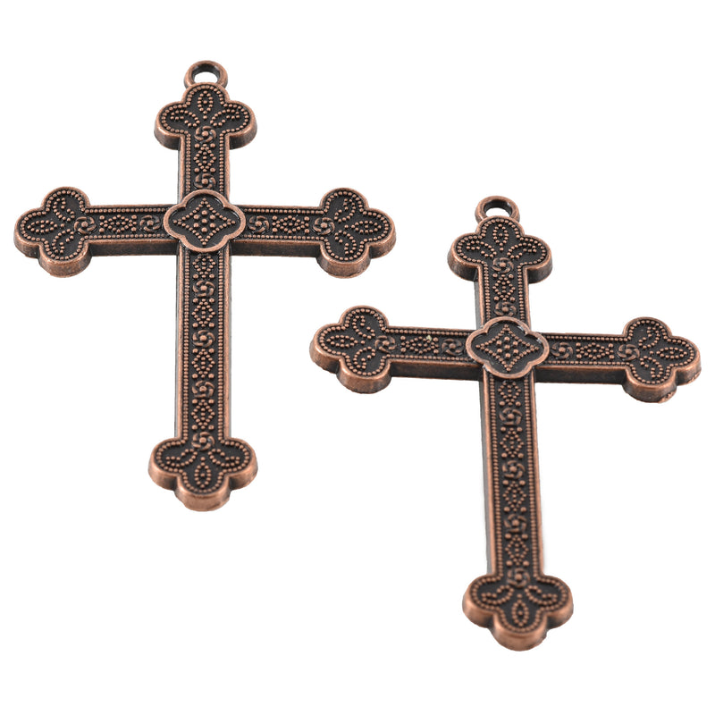 2 Large Antique Copper Ornate Cross Pendants, 3", chs3364