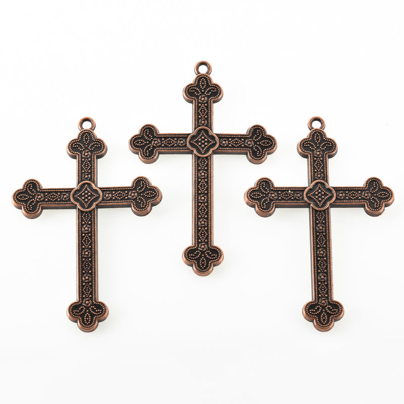 2 Large Antique Copper Ornate Cross Pendants, 3", chs3364