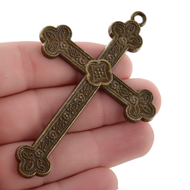 2 Large Antique Bronze Ornate Cross Pendants, 3", chs3366