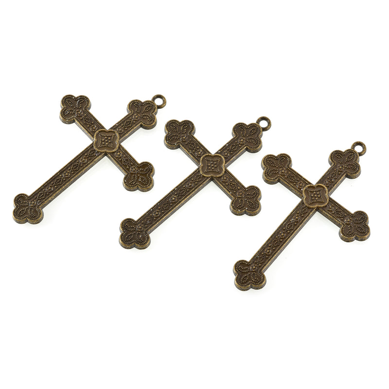 2 Large Antique Bronze Ornate Cross Pendants, 3", chs3366