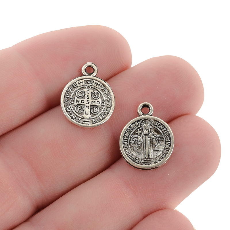 10 Religious Medal Charms, Silver Relic Charm Pendants, double sided Patron Saint charms, 15x12mm, chs3367