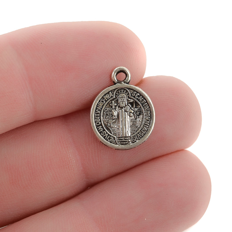 10 Religious Medal Charms, Silver Relic Charm Pendants, double sided Patron Saint charms, 15x12mm, chs3367