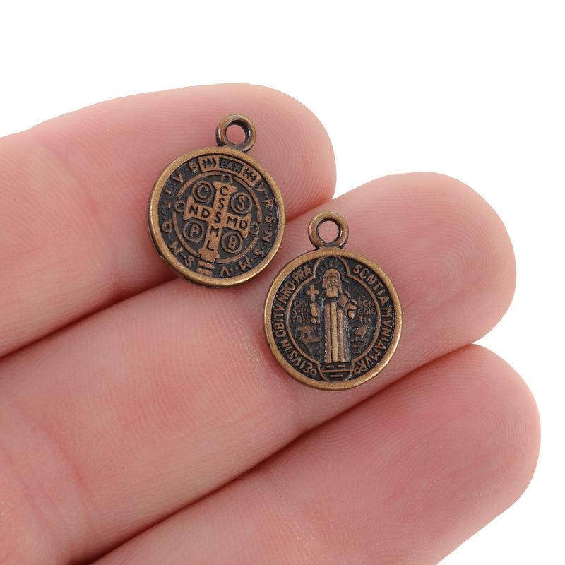 10 Religious Medal Charms, Copper Relic Charm Pendants, double sided Patron Saint charms, 15x12mm, chs3369