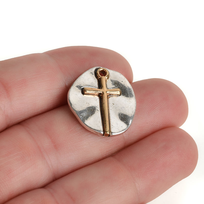 10 Silver Coin Relic Charms, Silver Coin with Gold Cross, round coin charms, 21x19mm, chs3443