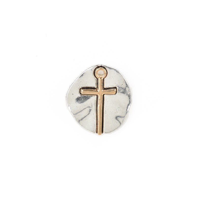 10 Silver Coin Relic Charms, Silver Coin with Gold Cross, round coin charms, 21x19mm, chs3443