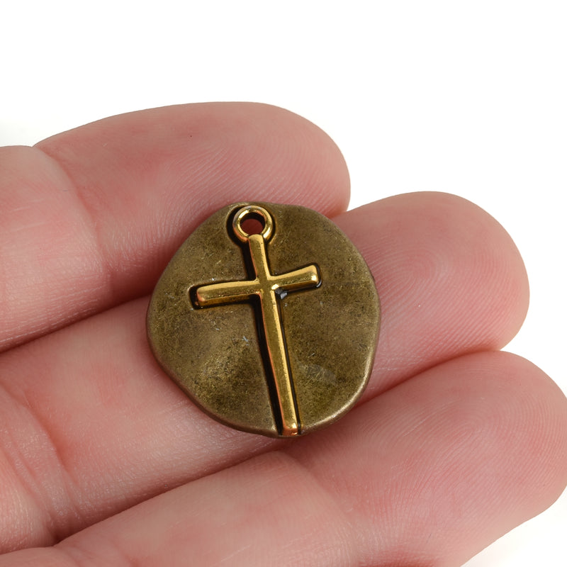 10 Bronze Coin Relic Charms, Bronze Coin with Gold Cross, round coin charms, 21x19mm, chs3445