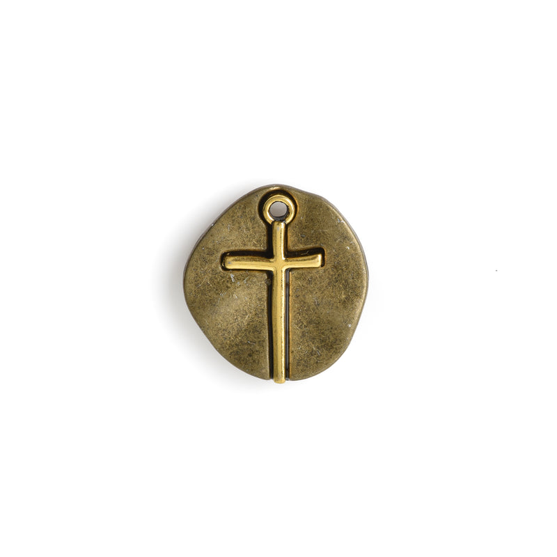 10 Bronze Coin Relic Charms, Bronze Coin with Gold Cross, round coin charms, 21x19mm, chs3445