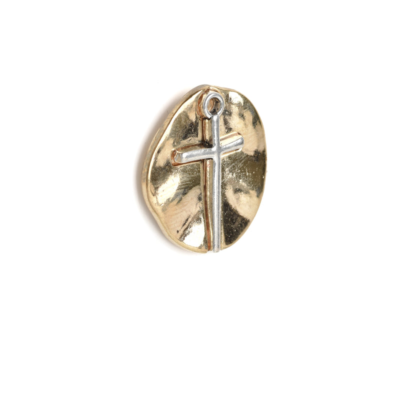 10 Gold Coin Relic Charms, Gold Coin with Silver Cross, round coin charms, 21x19mm, chs3446
