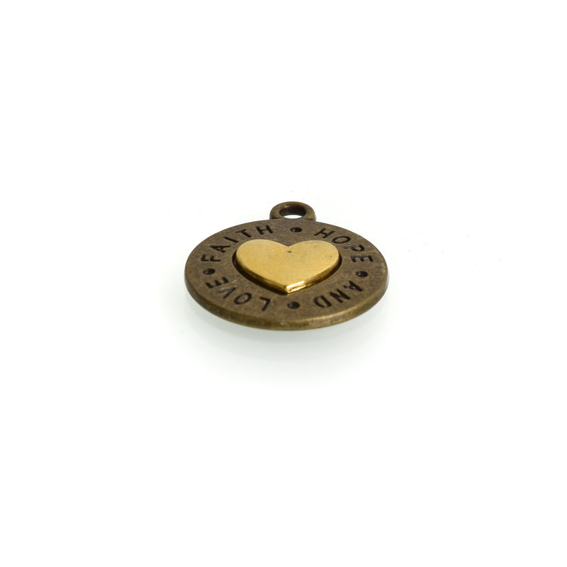 5 Bronze Coin Charms, Bronze Coin with Gold Heart, FAITH HOPE LOVE, round coin charms, 24x20mm, chs3447
