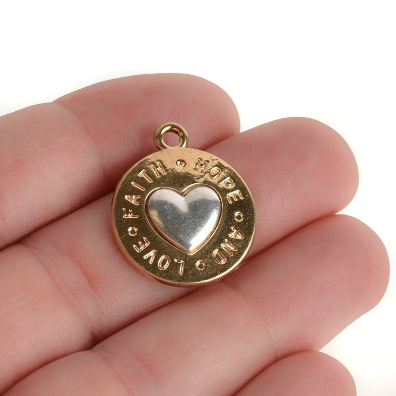 5 Gold Coin Charms, Gold Coin with Silver Heart, FAITH HOPE LOVE, round coin charms, 24x20mm, chs3448