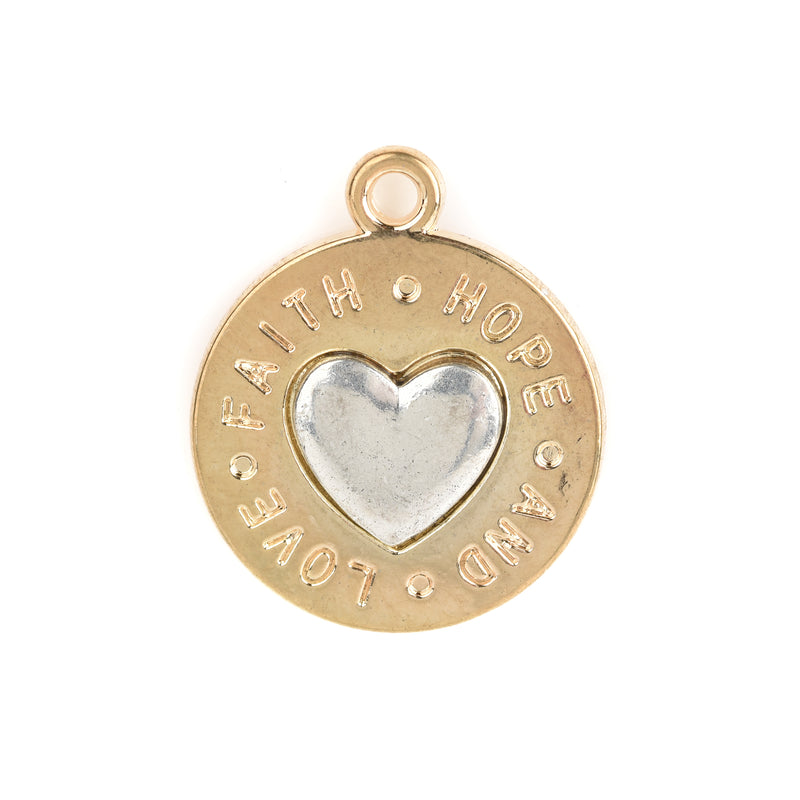 5 Gold Coin Charms, Gold Coin with Silver Heart, FAITH HOPE LOVE, round coin charms, 24x20mm, chs3448