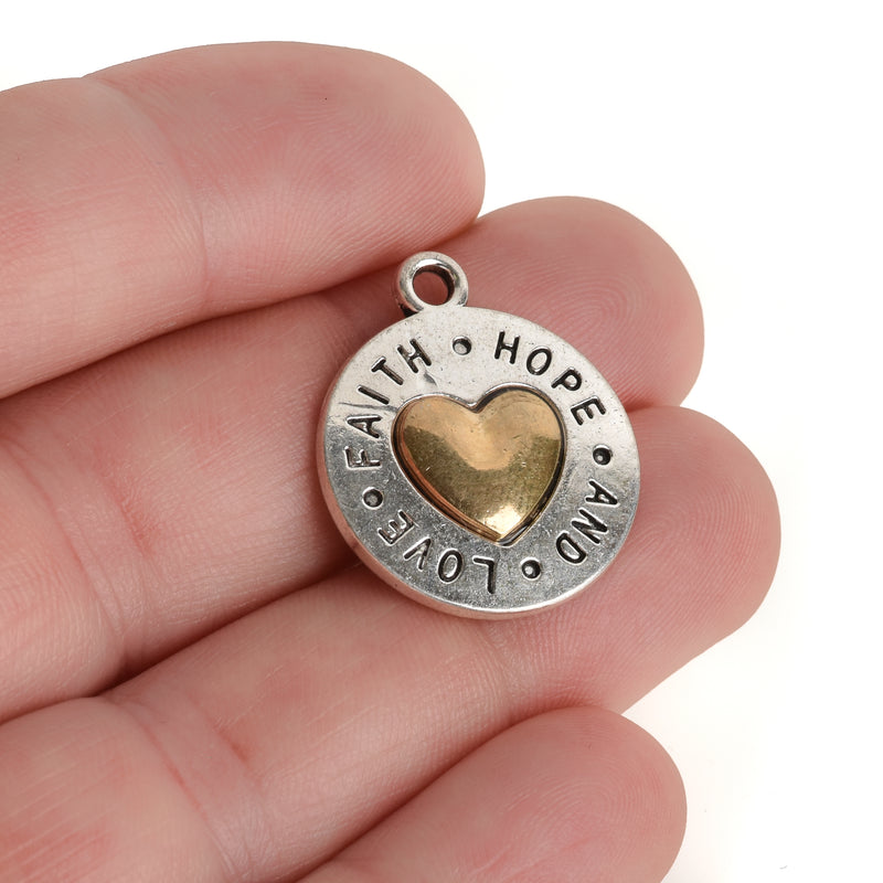 5 Silver Coin Charms, Silver Coin with Gold Heart, FAITH HOPE LOVE, round coin charms, 24x20mm, chs3449