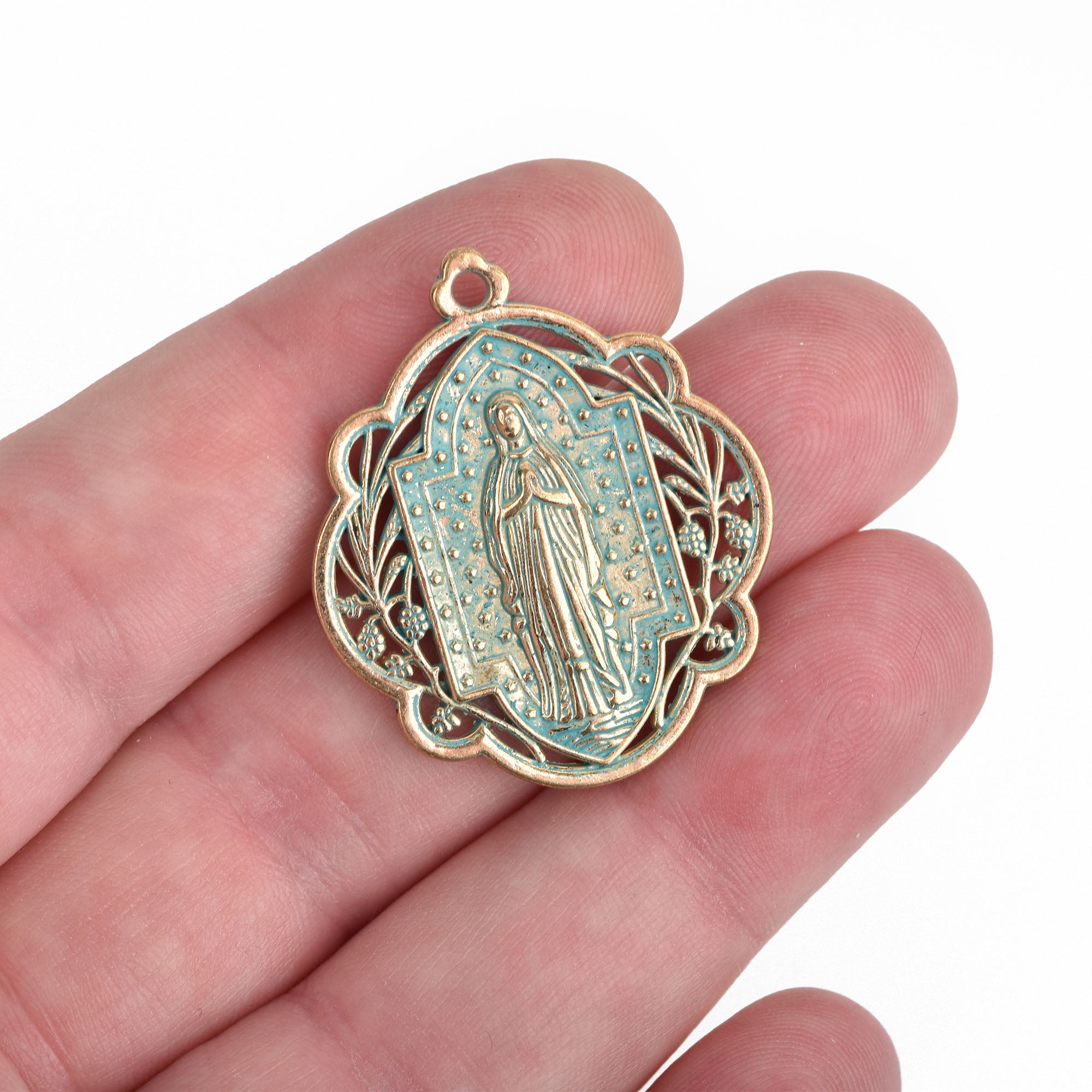 5 Light Gold Relic Charm Pendants, Green Verdigris Patina, religious m