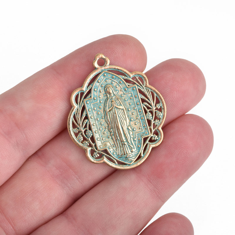 5 Light Gold Relic Charm Pendants, Green Verdigris Patina, religious medal coin charms, Gold plated metal, 34x29mm, chs3467