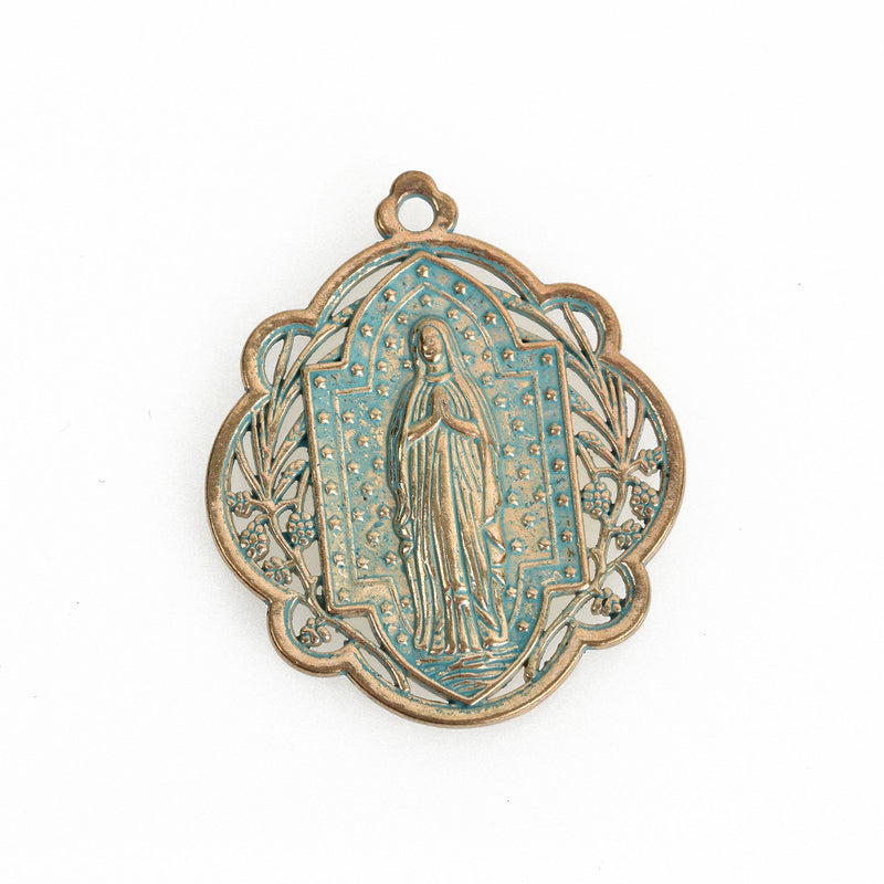 5 Light Gold Relic Charm Pendants, Green Verdigris Patina, religious medal coin charms, Gold plated metal, 34x29mm, chs3467