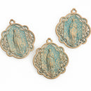 5 Light Gold Relic Charm Pendants, Green Verdigris Patina, religious medal coin charms, Gold plated metal, 34x29mm, chs3467