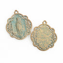 5 Light Gold Relic Charm Pendants, Green Verdigris Patina, religious medal coin charms, Gold plated metal, 34x29mm, chs3467
