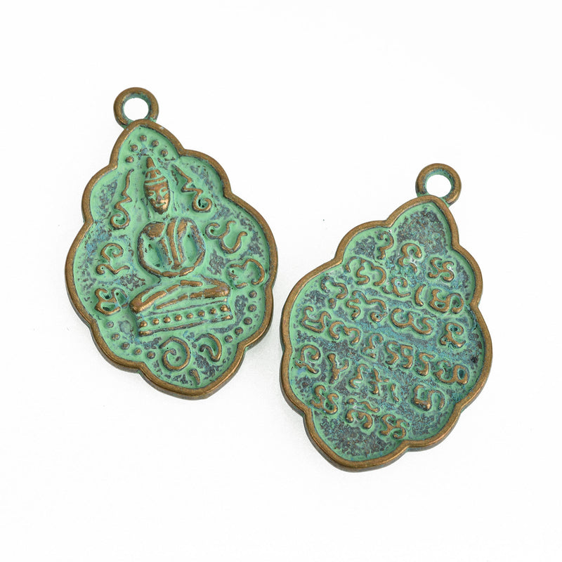 2 THAI BUDDHA charm pendants, bronze metal with green verdigris patina, religious icon, 42x26mm, chs3468