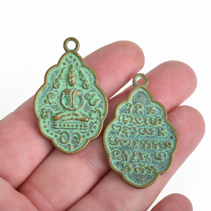 2 THAI BUDDHA charm pendants, bronze metal with green verdigris patina, religious icon, 42x26mm, chs3468