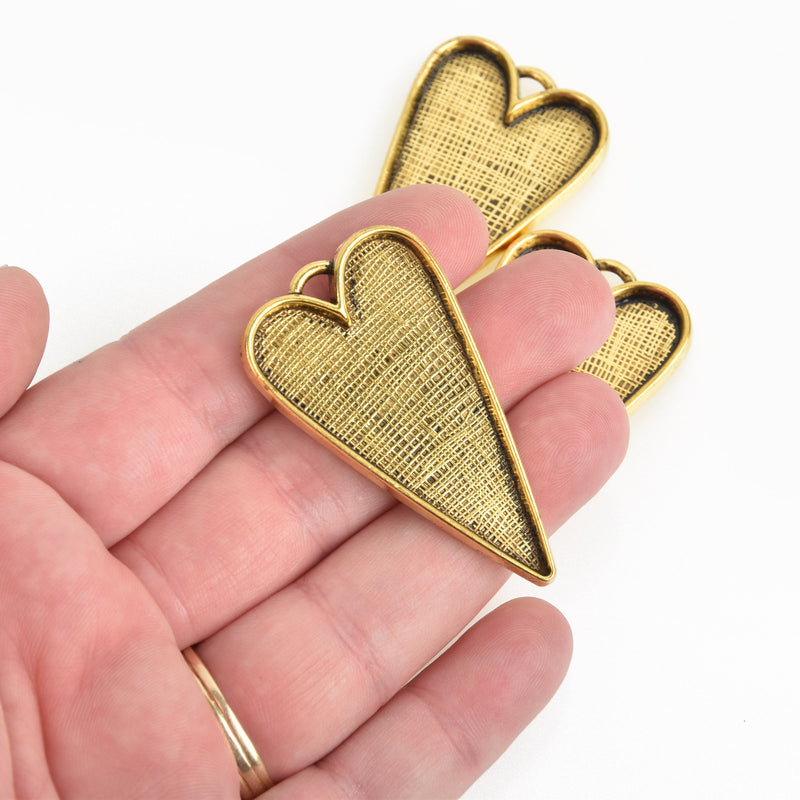 2 Gold Bezel HEART TRAYS Pendants for Resin, Cabochons, fits 2" inside tray, chs3470