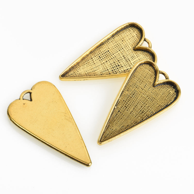 2 Gold Bezel HEART TRAYS Pendants for Resin, Cabochons, fits 2" inside tray, chs3470