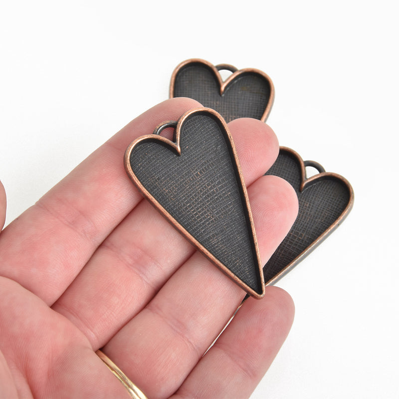 2 Copper Bezel HEART TRAYS Pendants for Resin, Cabochons, fits 2" inside tray, chs3472