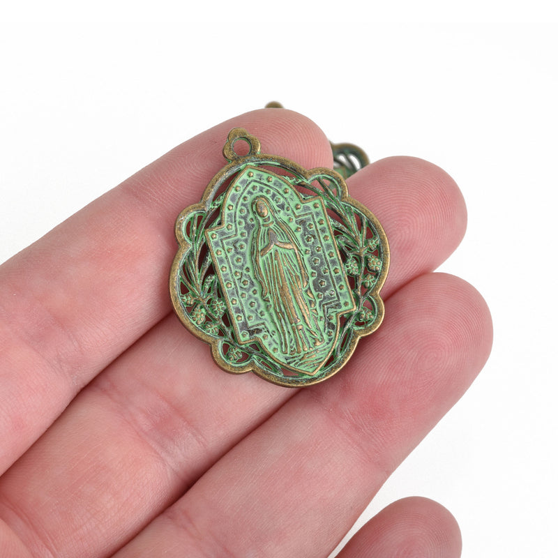 5 Bronze Relic Charm Pendants, Green Verdigris Patina, religious medal coin charms, Bronze plated metal, 34x29mm, chs3473