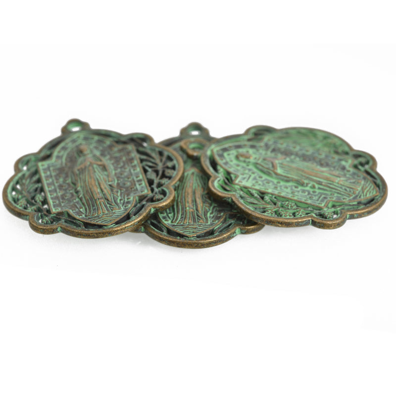 5 Bronze Relic Charm Pendants, Green Verdigris Patina, religious medal coin charms, Bronze plated metal, 34x29mm, chs3473