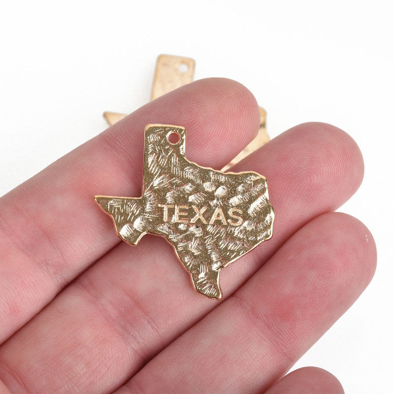 4 Stamped TEXAS STATE Cutout Charm Pendants, hammered light gold tone metal, chs3474