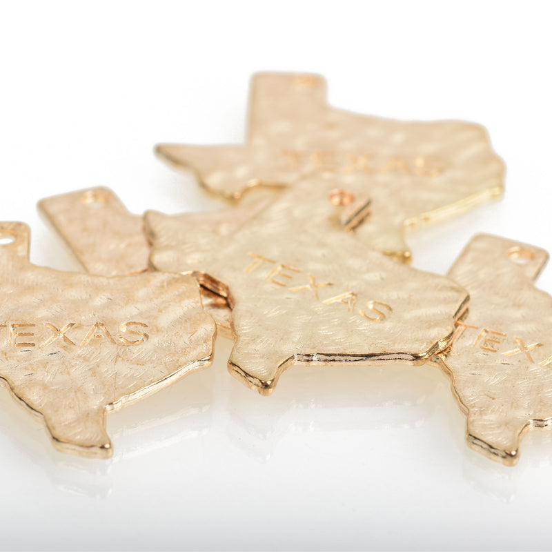 4 Stamped TEXAS STATE Cutout Charm Pendants, hammered light gold tone metal, chs3474