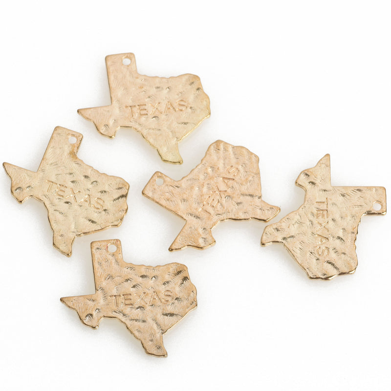 4 Stamped TEXAS STATE Cutout Charm Pendants, hammered light gold tone metal, chs3474