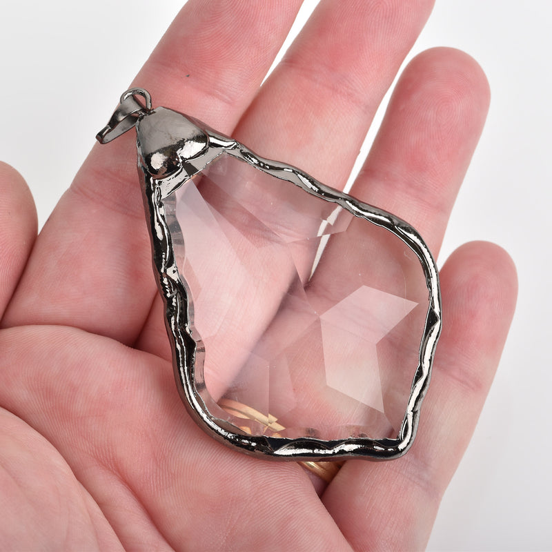 1 Crystal Teardrop Drop Pendant, Clear Glass CRYSTAL, Faceted, Gunmetal Bail, 3" long, chs3477