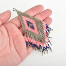 1 Beaded Fringe Tassel Pendant, Miyuki Delica Seed Beads, Chevron Design, Pink Blue Grey, 4.75" long, chs3478