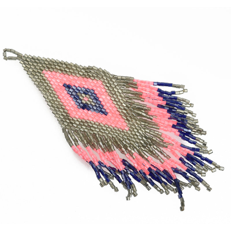 1 Beaded Fringe Tassel Pendant, Miyuki Delica Seed Beads, Chevron Design, Pink Blue Grey, 4.75" long, chs3478