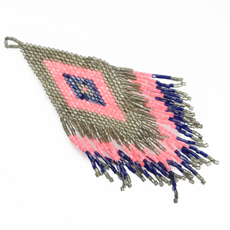 1 Beaded Fringe Tassel Pendant, Miyuki Delica Seed Beads, Chevron Design, Pink Blue Grey, 4.75" long, chs3478