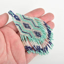 1 Beaded Fringe Tassel Pendant, Miyuki Delica Seed Beads, Chevron Diamond Design, Blue Green Silvery, 4.75" long, chs3479