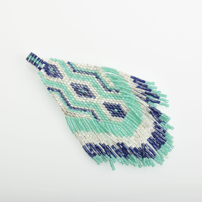 1 Beaded Fringe Tassel Pendant, Miyuki Delica Seed Beads, Chevron Diamond Design, Blue Green Silvery, 4.75" long, chs3479