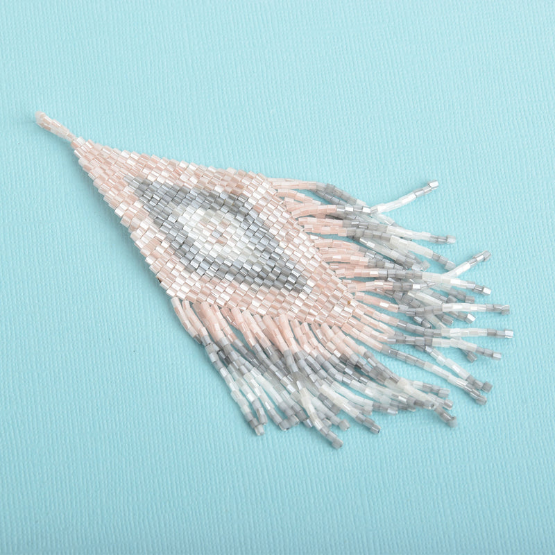 1 Beaded Fringe Tassel Pendant, Miyuki Delica Seed Beads, Chevron Diamond Design, pink grey white, 4.75" long, chs3480