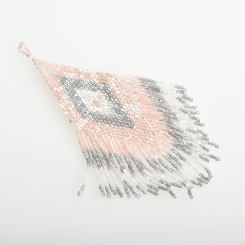 1 Beaded Fringe Tassel Pendant, Miyuki Delica Seed Beads, Chevron Diamond Design, pink grey white, 4.75" long, chs3480