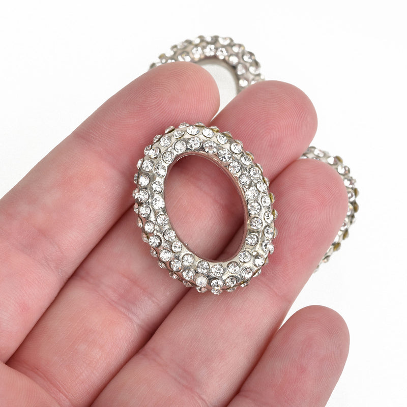 1 Rhinestone OVAL CONNECTOR Pendant Charm Holders, silver plated metal base and clear crystals, 32x25mm, chs3481