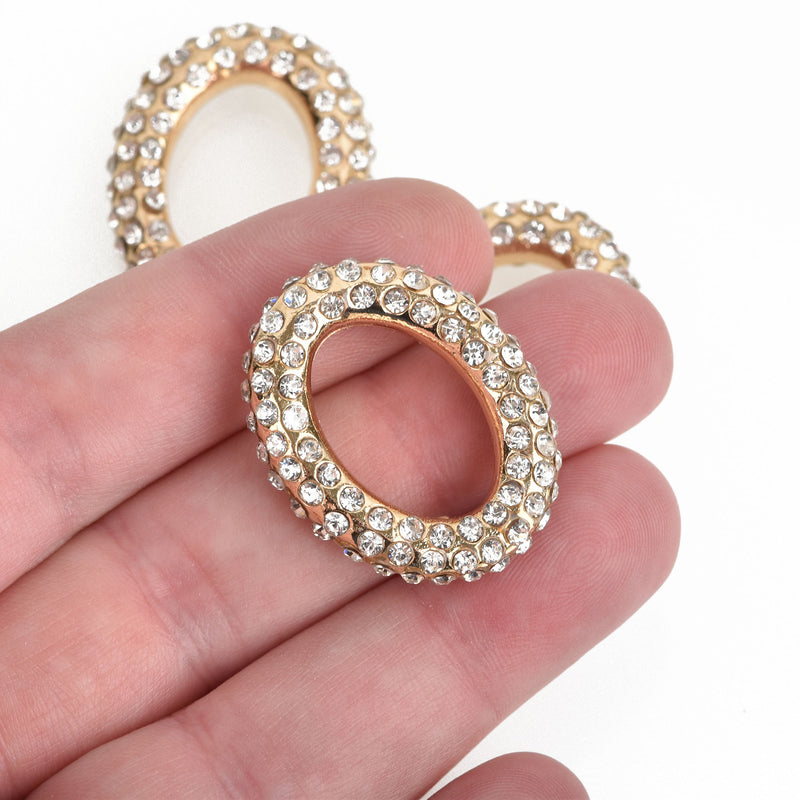 1 Rhinestone OVAL CONNECTOR Pendant Charm Holders, gold plated metal base and clear crystals, 32x25mm, chs3482