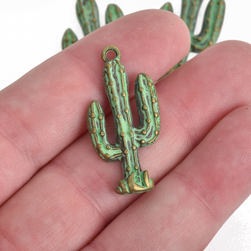 10 Bronze CACTUS Charms, Metal, Green Verdigris Patina, 33x16mm, chs3503