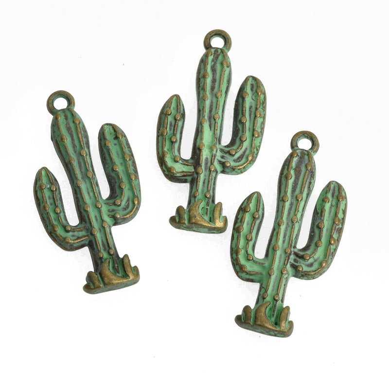 10 Bronze CACTUS Charms, Metal, Green Verdigris Patina, 33x16mm, chs3503