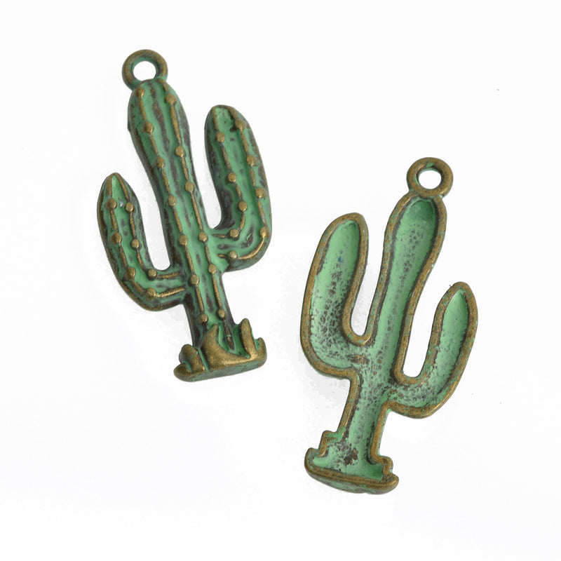 10 Bronze CACTUS Charms, Metal, Green Verdigris Patina, 33x16mm, chs3503