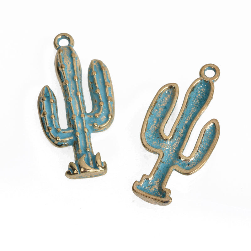 10 Gold CACTUS Charms, Metal, Blue Green Verdigris Patina, 33x16mm, chs3504