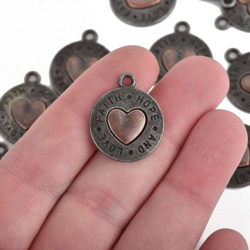 5 Gunmetal Coin Charms, Gunmetal Coin with Copper Heart, FAITH HOPE LOVE, round coin charms, 24x20mm, chs3511