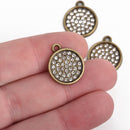 4 Bronze Rhinestone Drop Charms, 16mm round coin charm rhinestones embedded in center, chs3512